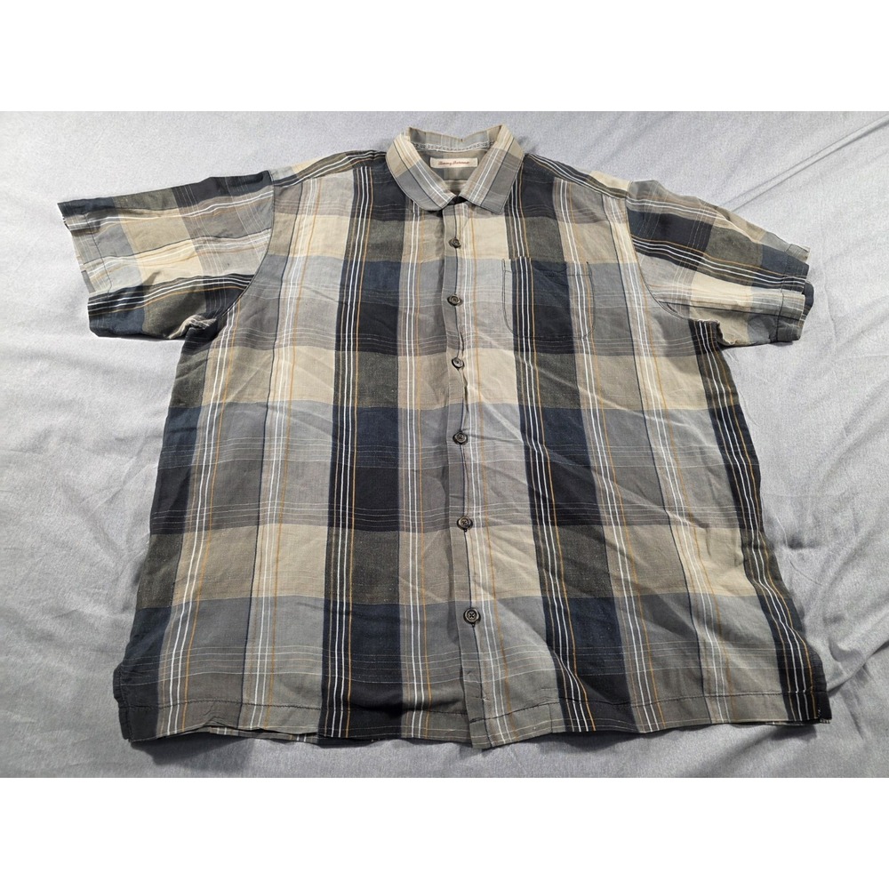 Tommy Bahama Mens XL‎ Silk Linen Gray Plaid S/S Button Up Causal Summer Shirt